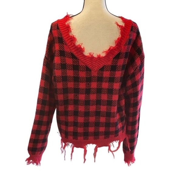 Derek Heart Distressed Cropped V Neck Sweater Junior Size L Plaid Candy Cane - Picture 14 of 16